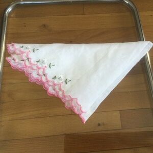 Vintage Linen Handkerchief with Hand Embroidered Flowers, 10” square